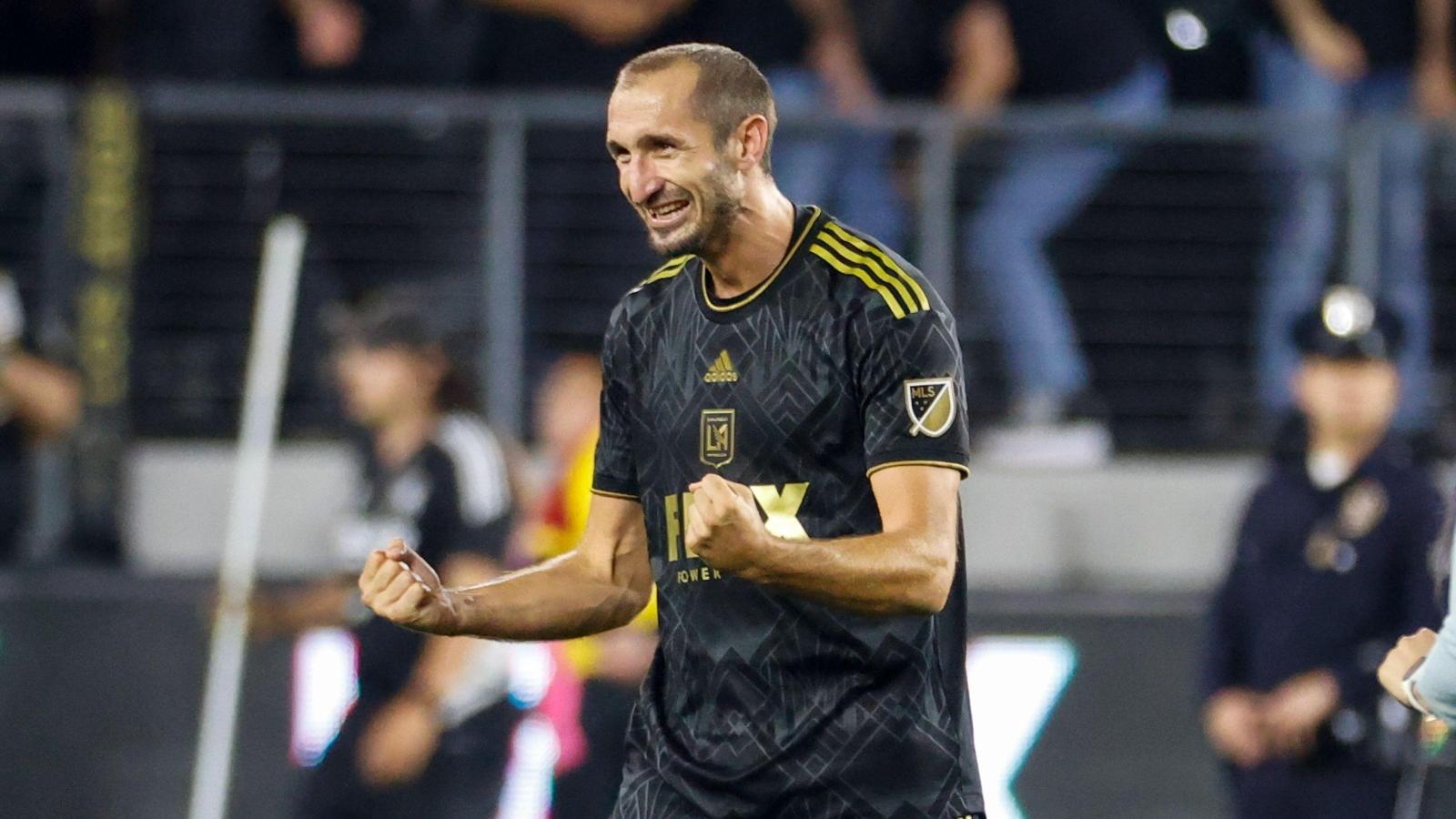 Giorgio Chiellini celebrates a goal for Los Angeles FC