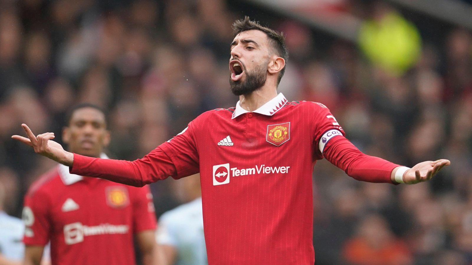 Manchester United's Bruno Fernandes reacts during the English Premier League soccer match between Manchester United and Aston Villa at the Old Trafford stadium in Manchester, England, Sunday, April 30, 2023.