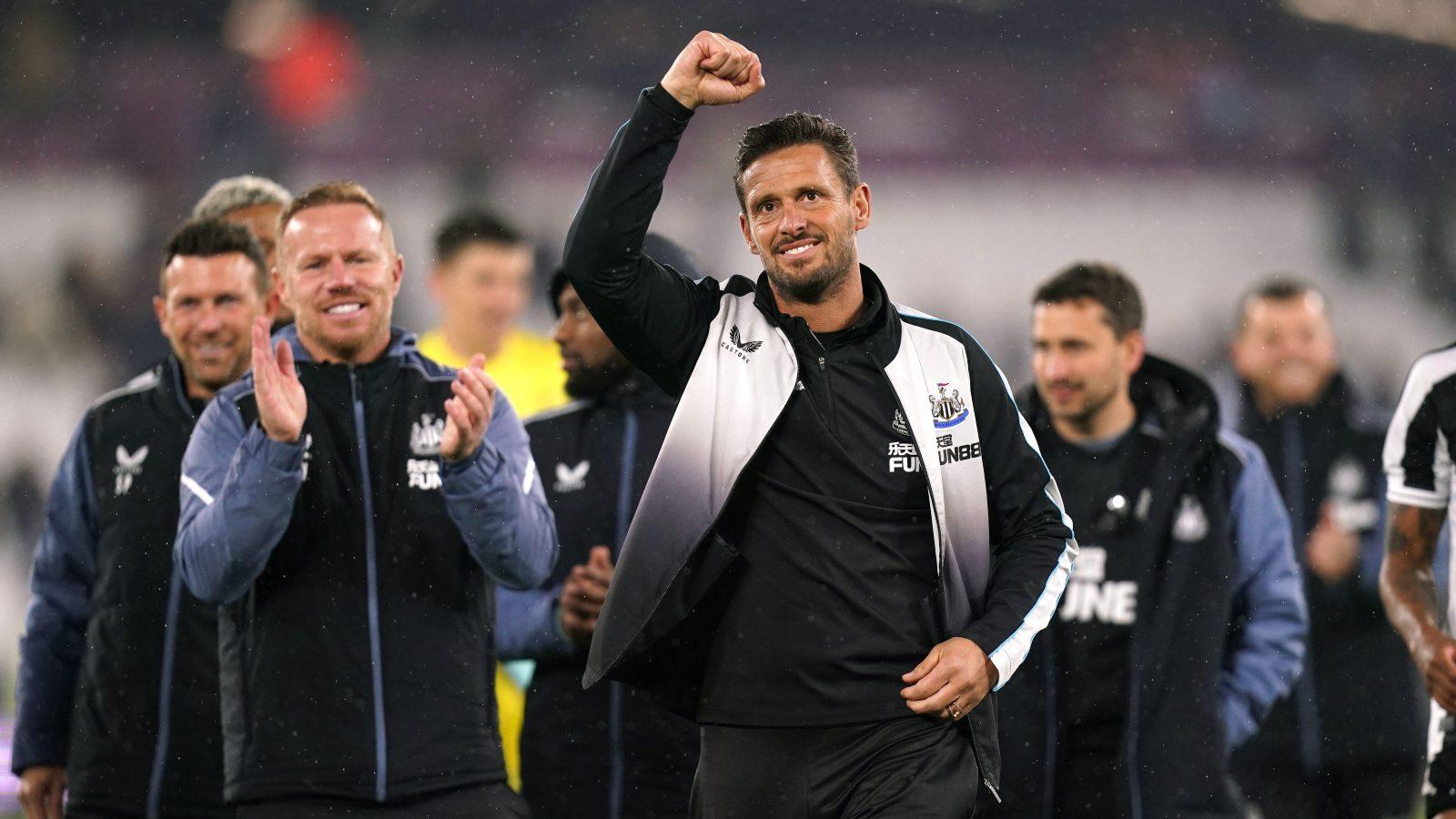 Newcastle United assistant manager Jason Tindall celebrates following the Premier League match at the London Stadium. Picture date: Wednesday April 5, 2023.