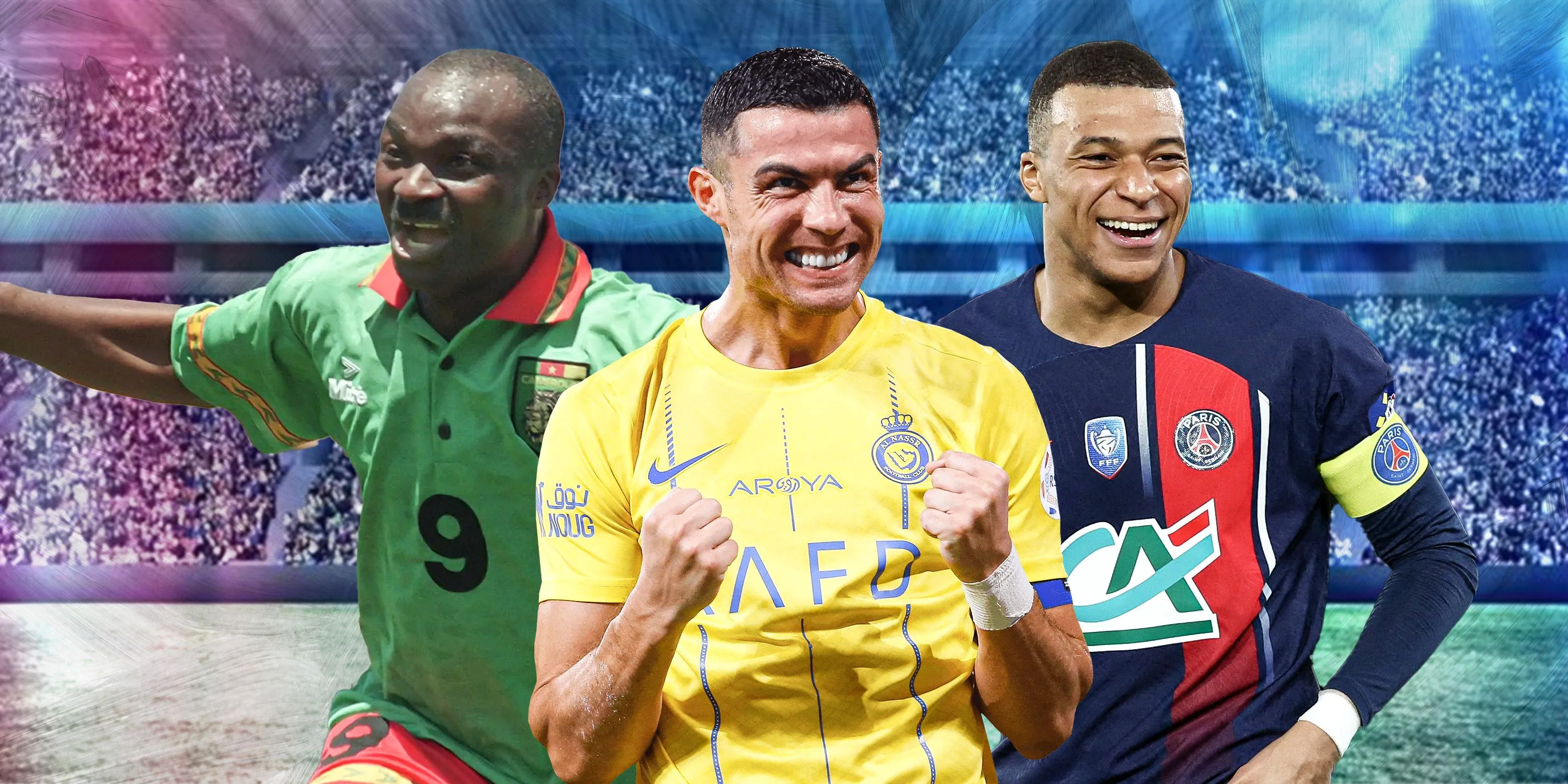 Roger Milla, Cristiano Ronaldo và Kylian Mbappe ăn mừng bàn thắng.