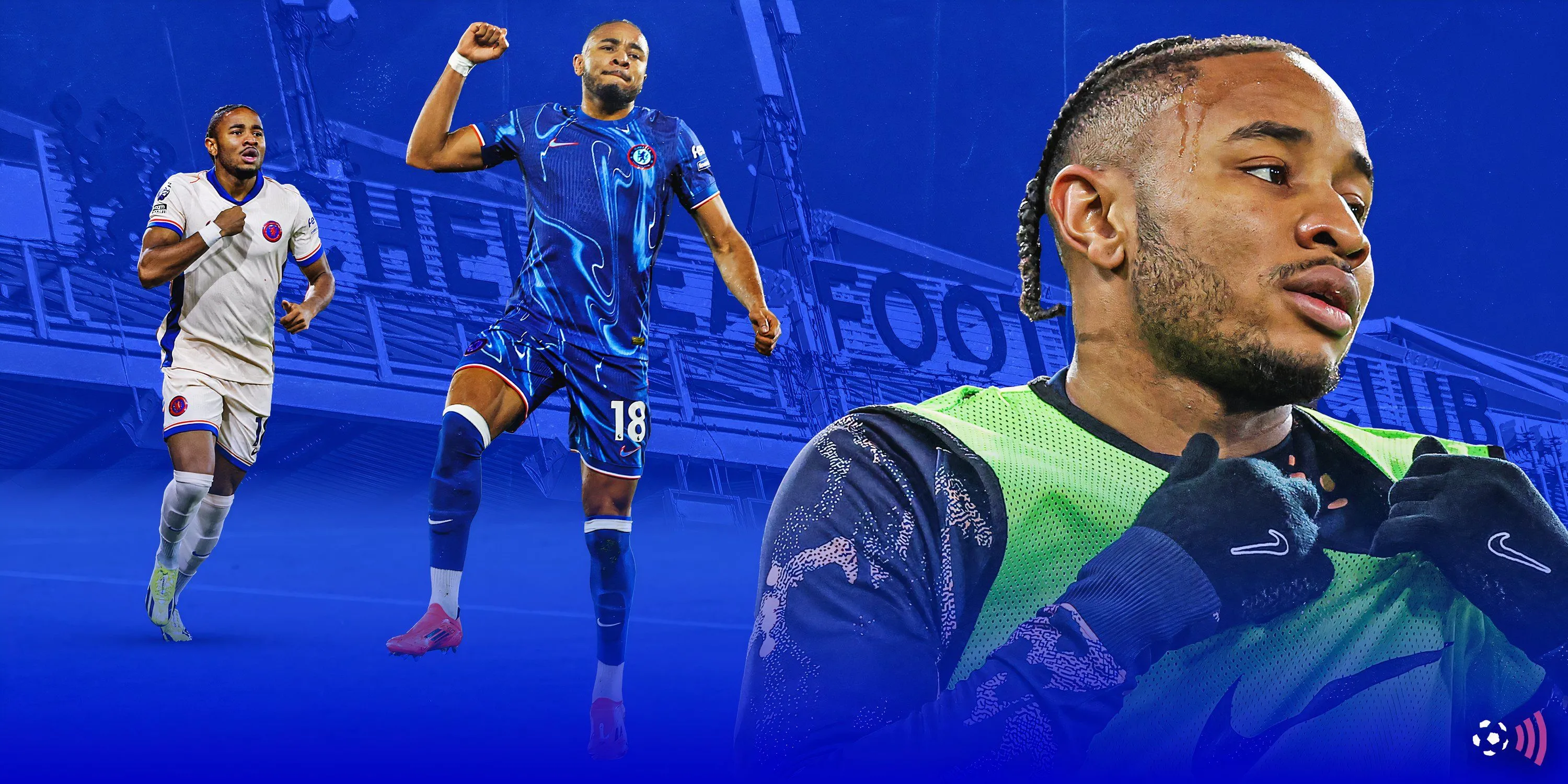 Christopher Nkunku trong trang phục Chelsea thể hiện sự quyết tâm trên sân cỏ