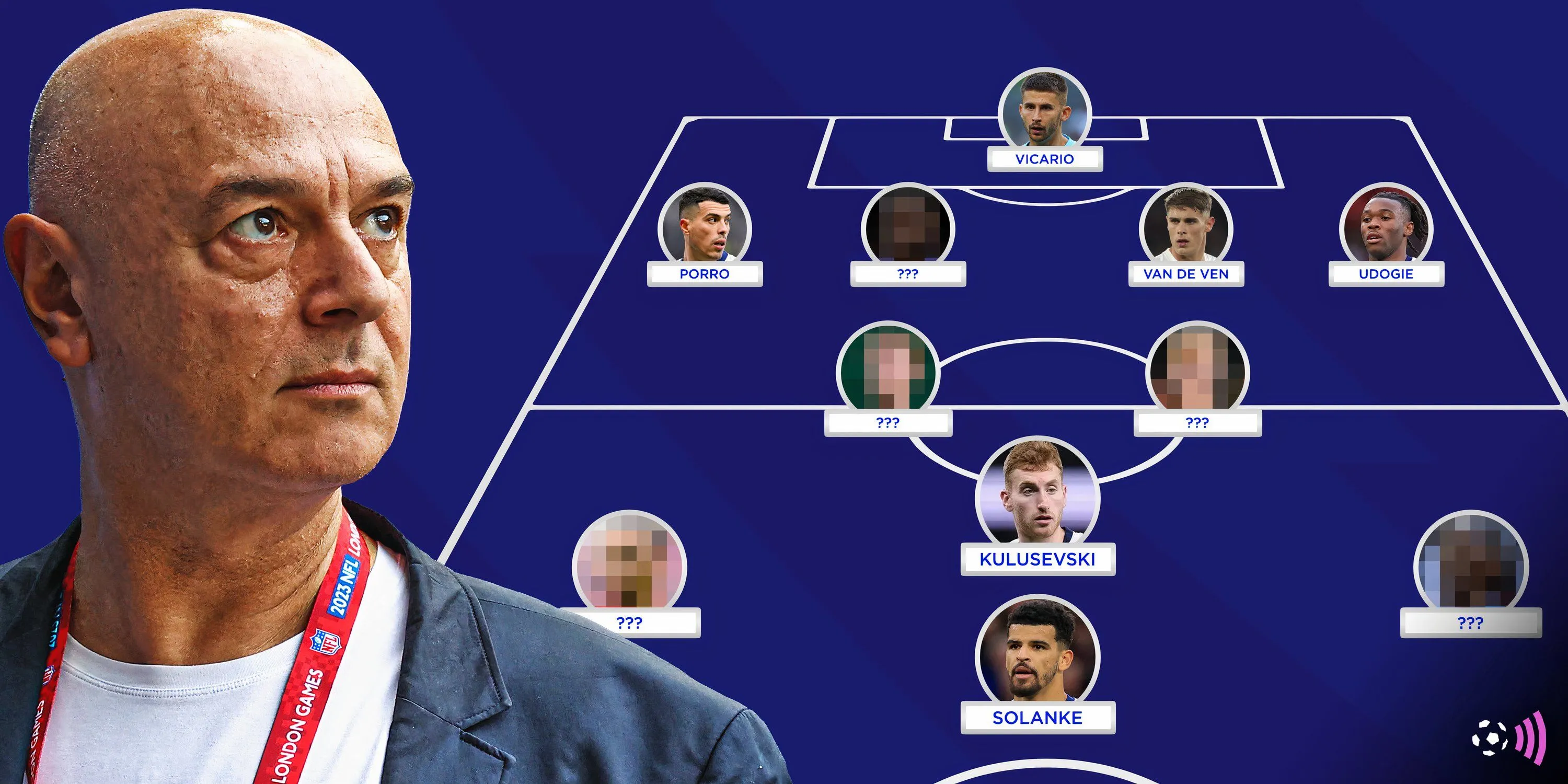 Daniel Levy và đội hình Tottenham giả định, liên quan đến kế hoạch chuyển nhượng hè.