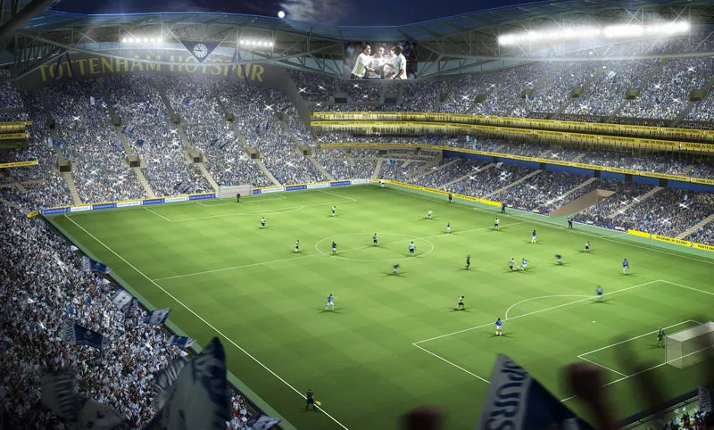 Góc nhìn toàn cảnh mặt sân xanh mướt từ khán đài sân vận động Tottenham Hotspur, sẵn sàng cho những trận cầu đỉnh cao
