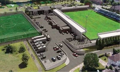 Sân vận động Meadow Park nhìn từ trên cao, biểu tượng của Boreham Wood FC và bóng đá Anh cấp độ thấp.