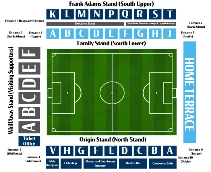 Sơ đồ Adams Park với các khán đài và lối vào