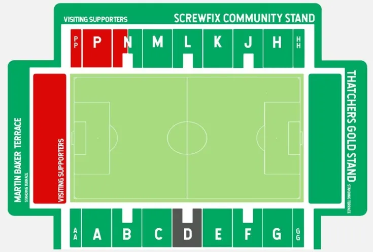 Sơ đồ bố trí các khán đài tại sân vận động Huish Park, Yeovil