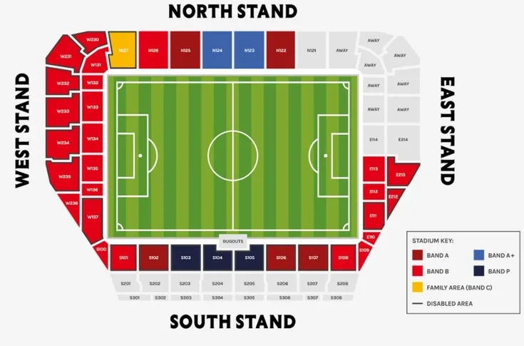 Sơ đồ bố trí các khán đài và khu vực chỗ ngồi tại Gtech Community Stadium
