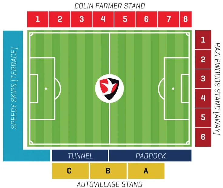 Sơ đồ bố trí các khán đài và khu vực tại sân vận động Whaddon Road của Cheltenham Town FC