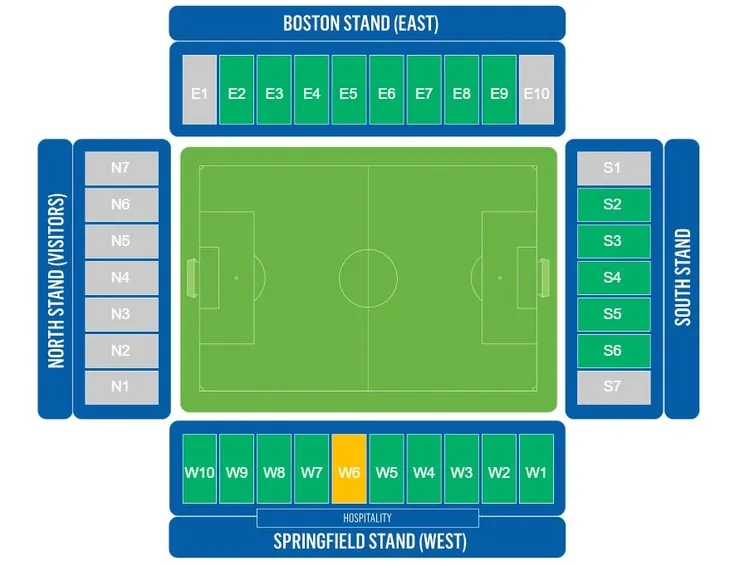 Sơ đồ bố trí chỗ ngồi chi tiết của sân vận động DW Stadium, hiển thị các khán đài và khu vực