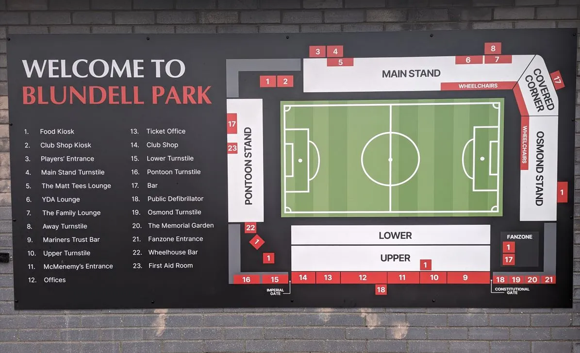 Sơ đồ bố trí chỗ ngồi của sân vận động Blundell Park, giúp người hâm mộ dễ dàng tìm vị trí.