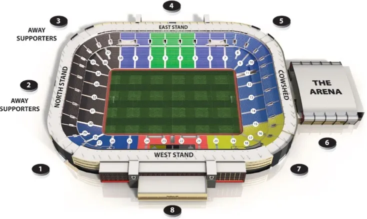 Sơ đồ bố trí chỗ ngồi của Stadium MK, phân chia các khu vực khán đài khác nhau