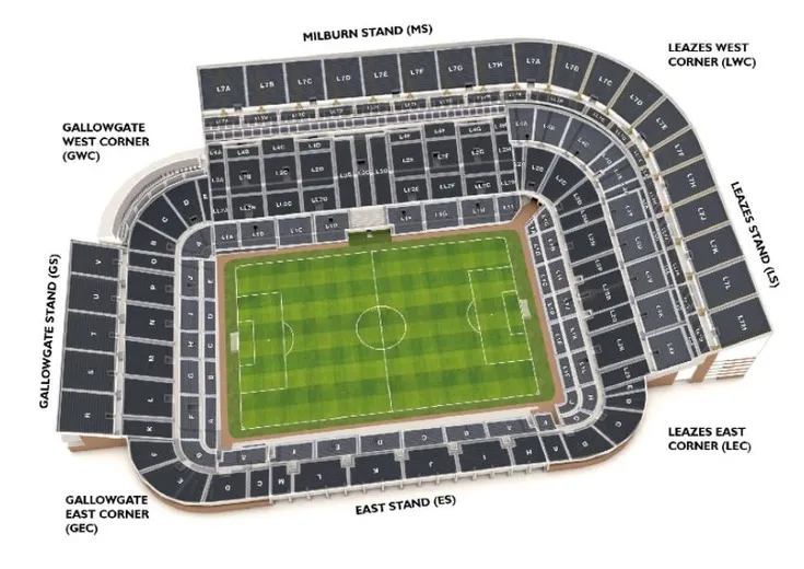 Sơ đồ bố trí chỗ ngồi sân St. James' Park, hướng dẫn chi tiết các khán đài và khu vực
