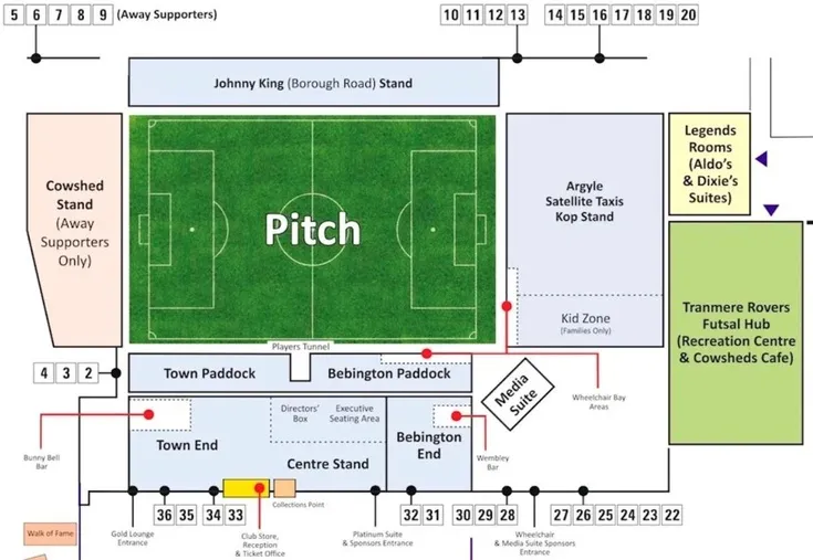 Sơ đồ bố trí chỗ ngồi và các khán đài tại sân Prenton Park, hướng dẫn cho người hâm mộ Tranmere Rovers