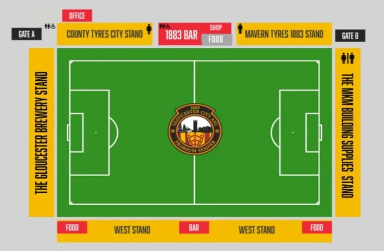 Sơ đồ bố trí chỗ ngồi và các khu vực khán đài tại sân Tiger Turf Stadium (Meadow Park) của Gloucester City AFC.