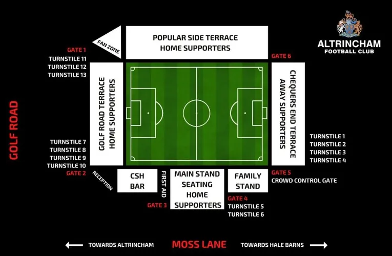 Sơ đồ bố trí khán đài và chỗ ngồi tại Sân vận động J Davidson của Altrincham