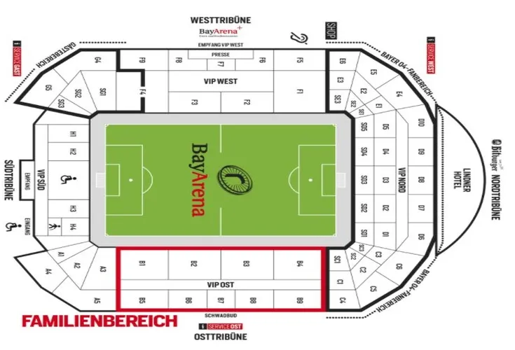 Sơ đồ chi tiết BayArena, chỉ dẫn khu vực khán đài và các lối vào