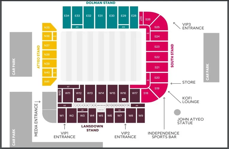 Sơ đồ chi tiết sân vận động Ashton Gate cập nhật năm 2024, minh họa vị trí các khán đài và khu vực chức năng
