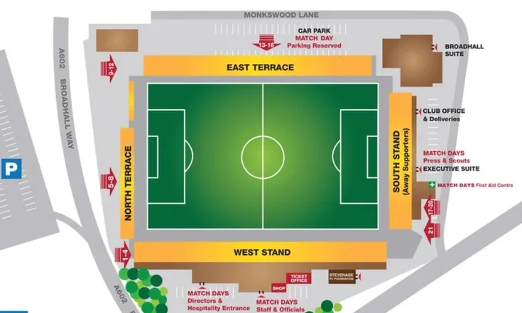 Sơ đồ chi tiết sân vận động Broadhall Way (Lamex Stadium) của Stevenage FC, minh họa vị trí các khán đài và khu vực chức năng