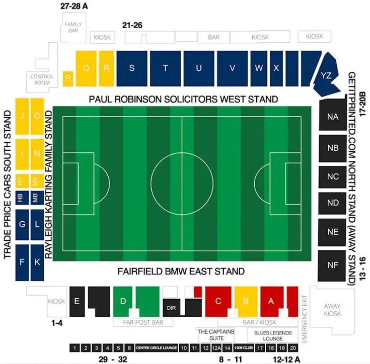 Sơ đồ chi tiết sân vận động Roots Hall, chỉ rõ các khán đài và khu vực chỗ ngồi chính