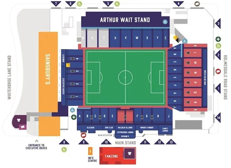 Sơ đồ chi tiết sân vận động Selhurst Park, hiển thị vị trí các khán đài và lối vào.