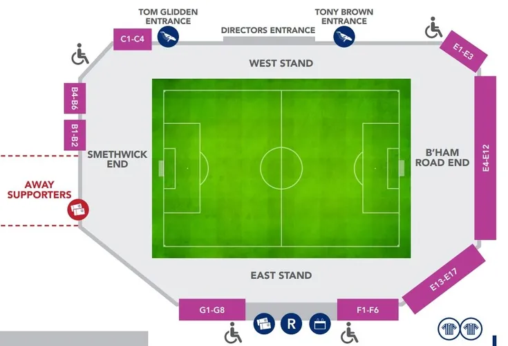 Sơ đồ chi tiết sân vận động The Hawthorns, hiển thị các khán đài và khu vực chức năng.