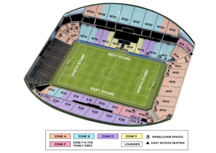 Sơ đồ chỗ ngồi chi tiết của Falmer Stadium The Amex, giúp người hâm mộ dễ dàng định vị vị trí.