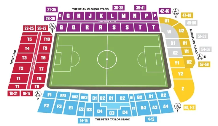 Sơ đồ chỗ ngồi chi tiết của sân The City Ground, giúp người hâm mộ dễ dàng định vị vị trí