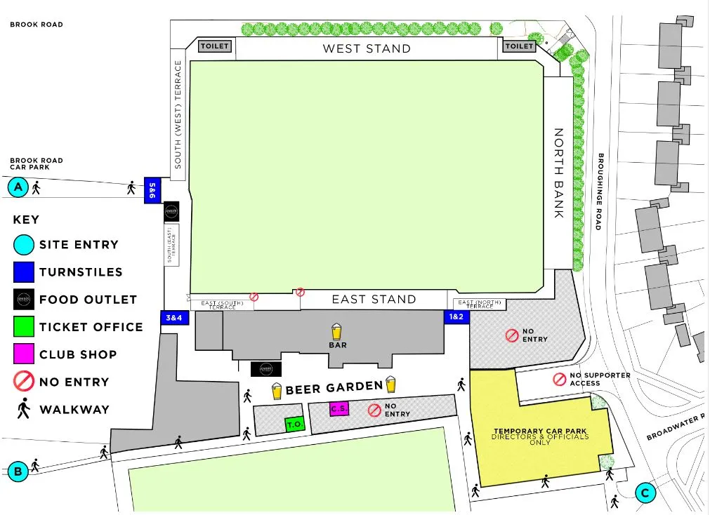 Sơ đồ chỗ ngồi chi tiết của sân vận động Meadow Park, hướng dẫn khu vực dành cho cổ động viên nhà và khách.