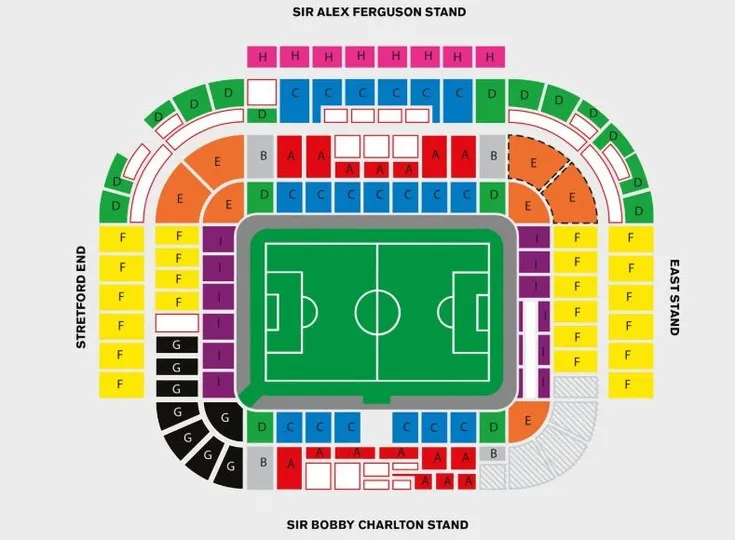 Sơ đồ chỗ ngồi chi tiết của sân vận động Old Trafford, giúp người hâm mộ dễ dàng định vị các khán đài.