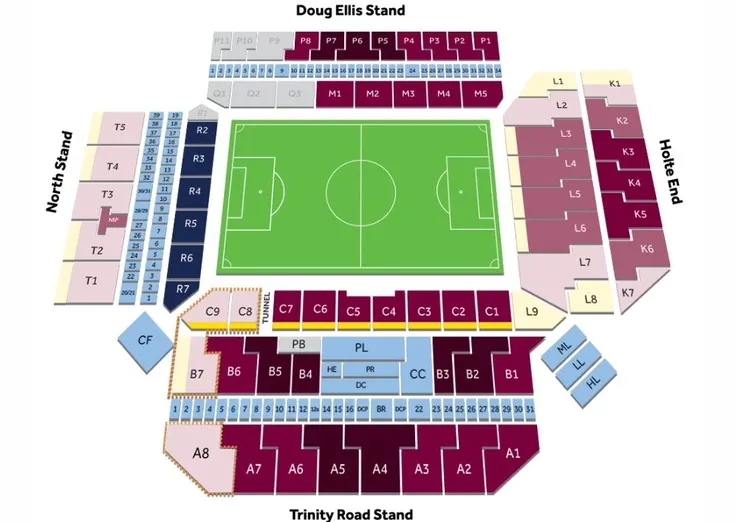 Sơ đồ chỗ ngồi chi tiết của sân vận động Villa Park, giúp người hâm mộ dễ dàng định vị khán đài.