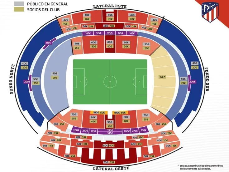 Sơ đồ chỗ ngồi chi tiết sân Estadio Metropolitano, giúp fan dễ dàng chọn vị trí.