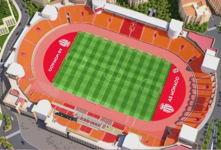 Sơ đồ chỗ ngồi chi tiết sân vận động Stade Louis II của AS Monaco, hiển thị các khán đài