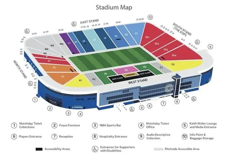 Sơ đồ chỗ ngồi chi tiết tại King Power Stadium.