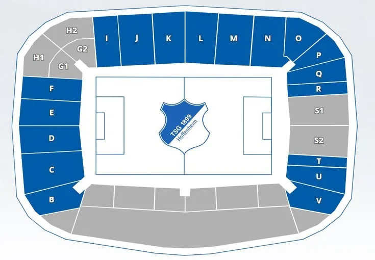 Sơ đồ chỗ ngồi chi tiết tại sân vận động Rhein-Neckar-Arena.