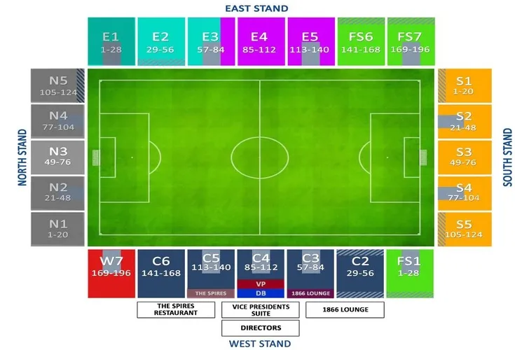 Sơ đồ chỗ ngồi chi tiết tại sân vận động SMH Group của Chesterfield FC.