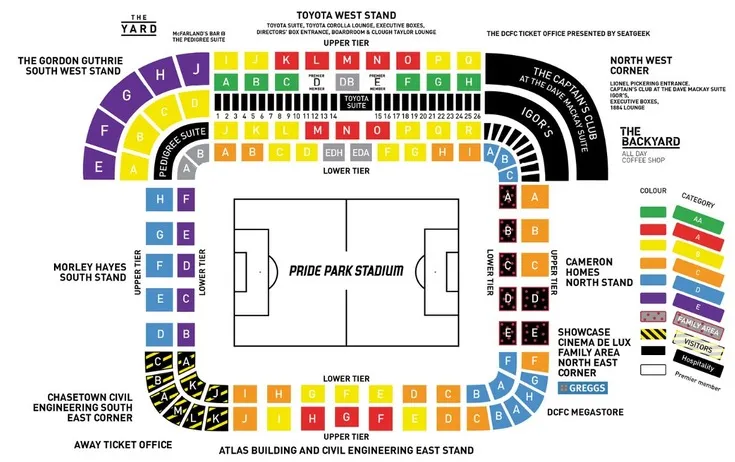 Sơ đồ chỗ ngồi của sân vận động Pride Park, thể hiện các khán đài và khu vực khác nhau