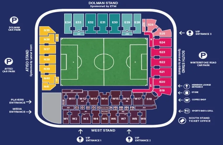 Sơ đồ chỗ ngồi sân Plainmoor của CLB Torquay United, hướng dẫn khu vực khán đài.