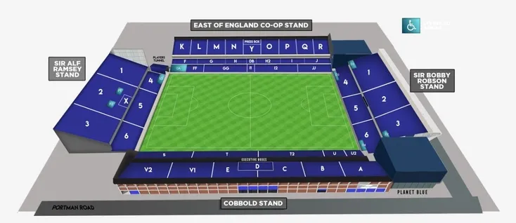 Sơ đồ chỗ ngồi sân vận động Portman Road, hướng dẫn vị trí các khán đài