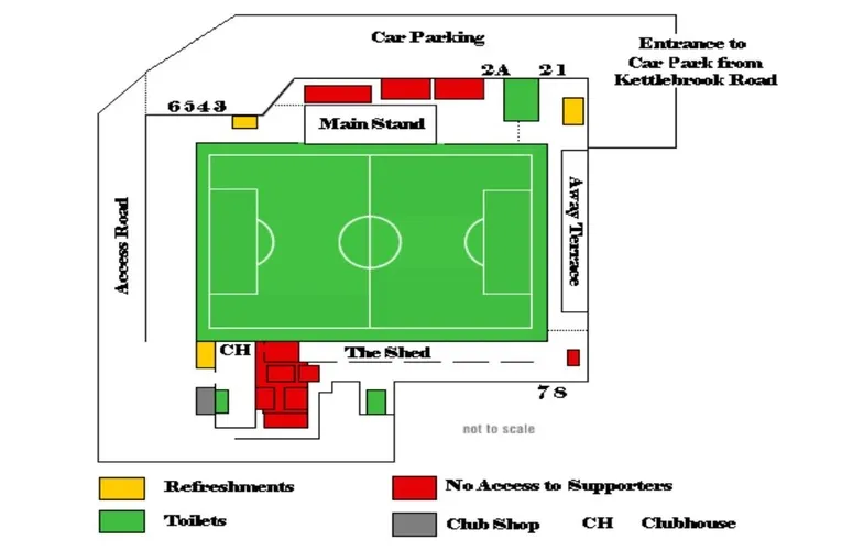 Sơ đồ tổng thể sân The Lamb Ground, Tamworth, minh họa các khu vực khán đài và lối đi