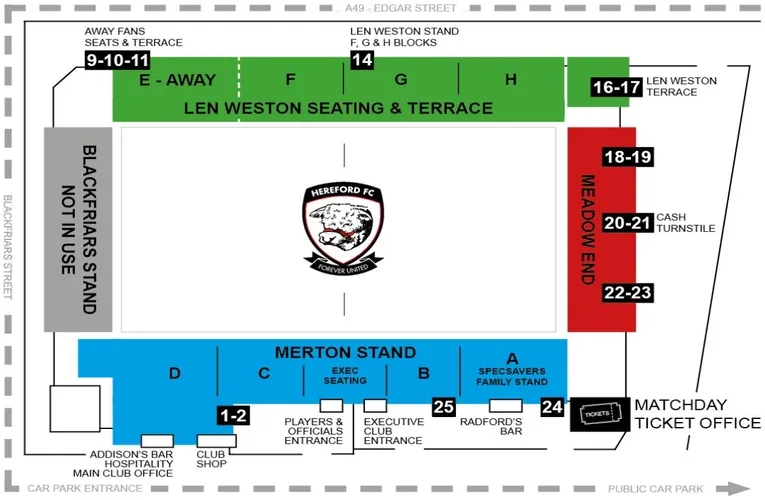 Sơ đồ tổng thể sân vận động Edgar Street của câu lạc bộ Hereford FC.