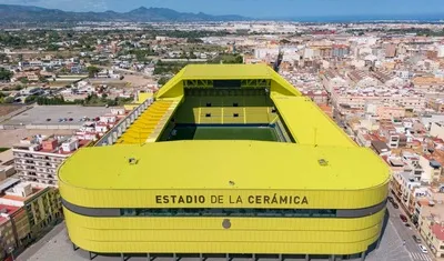 Toàn cảnh sân Estadio de la Cerámica từ trên cao, biểu tượng của Villarreal CF và bóng đá La Liga.