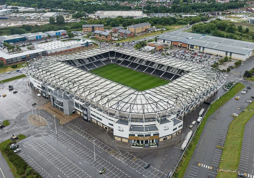Toàn cảnh sân vận động Pride Park từ trên cao, một kiến trúc hiện đại tại Derby