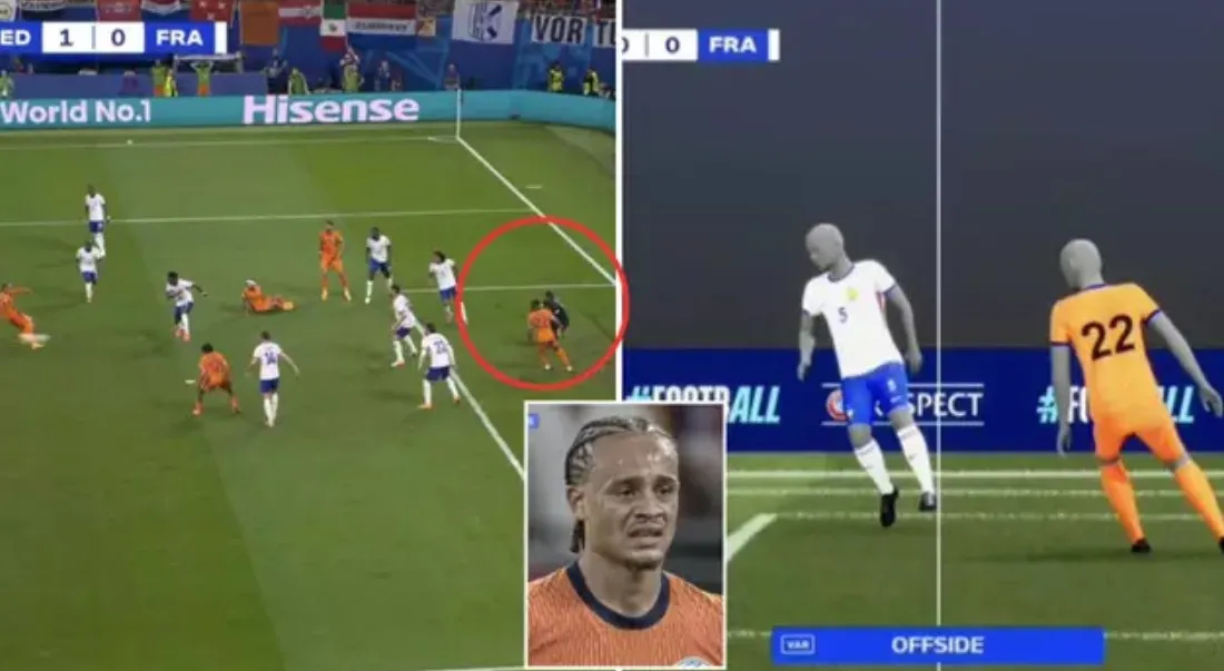 Denzel Dumfries ở tư thế việt vị che tầm nhìn thủ môn Mike Maignan trong pha gây tranh cãi; tình huống tương tự từng khiến bàn thắng bị từ chối tại EURO 2024.